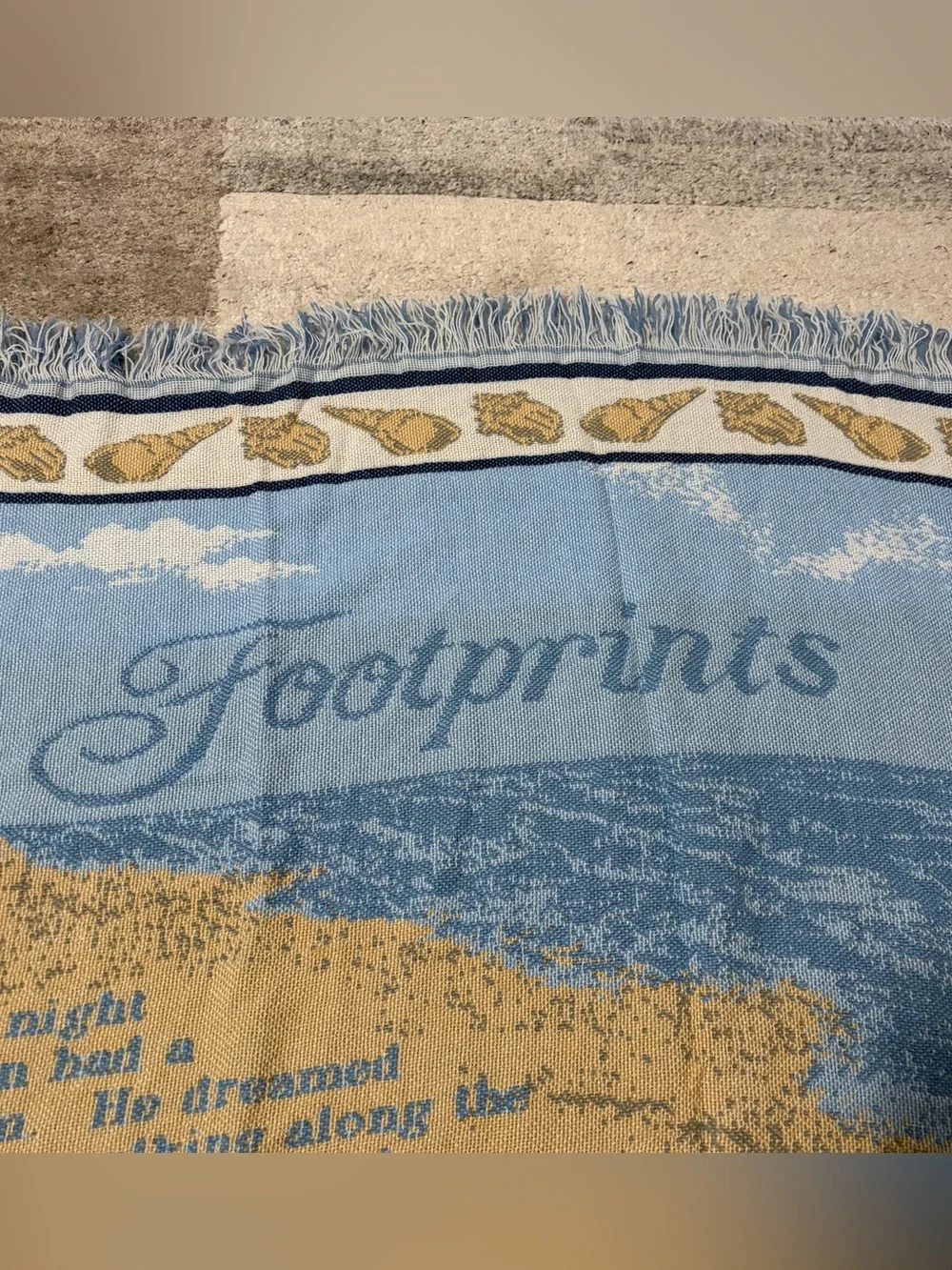 Vtg Footprints/Walk with Thee Jacquard Woven Throw Blanket Tapestry Style 51x41
